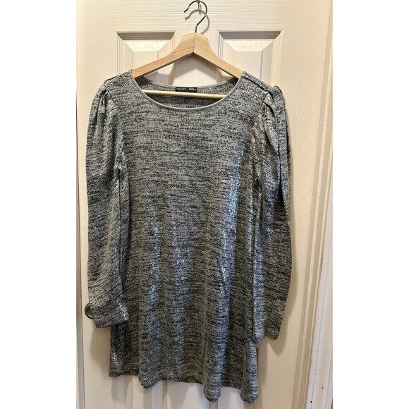 ZARA WOMEN'S HEATHER GRAY THIN KNIT LONG PUFF SLEEVE SEQUIN MINI DRESS Sz Large - Picture 3 of 11